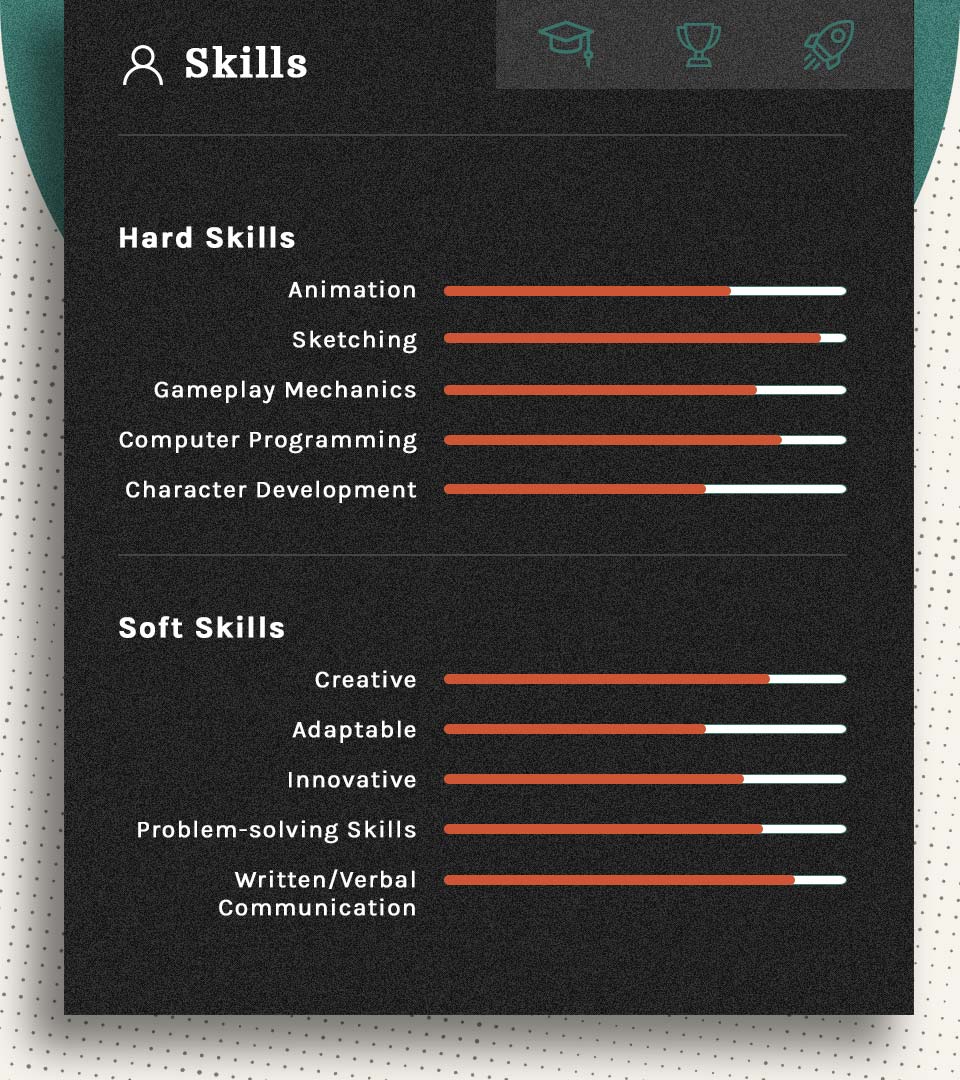 Hard Skills: animation, sketching, gameplay mechanics, computer programming, character development. Soft Skills: creative, adaptable, innovative, problem-solving skills, written/verbal communication.